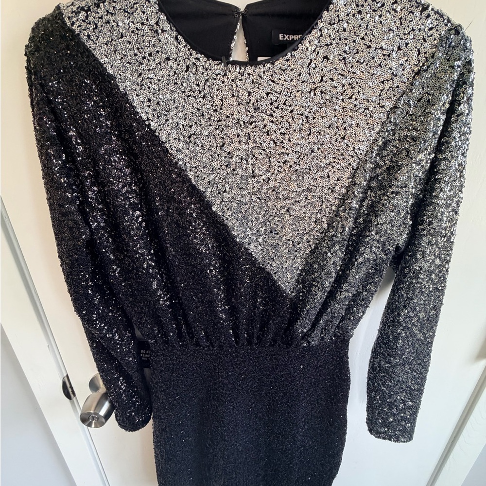 Express Black and Silver Sequin Long Sleeve Dress